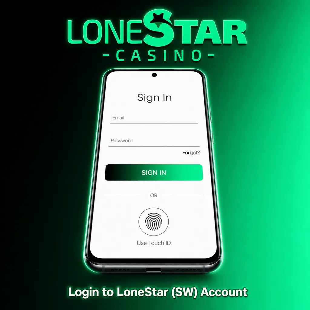 Login screen for LoneStar (SW) account showing email, password, and sign-in options for Gold Coins and Sweeps Coins access