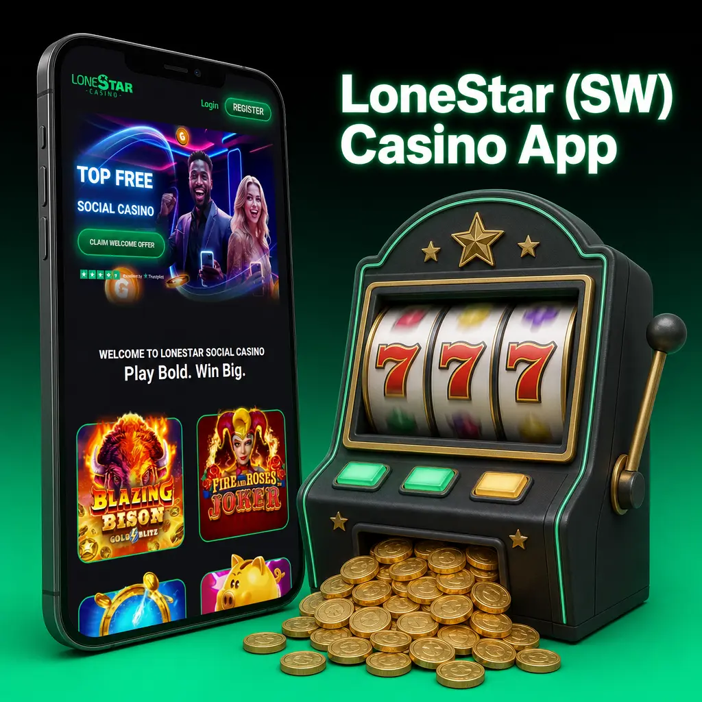LoneStar Casino app home screen showing live casino tables, trending slots, and bottom navigation bar.