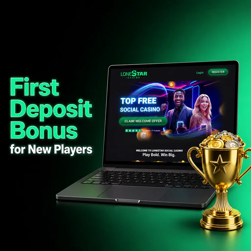 LoneStar sweepstakes casino first deposit bonus: $9.99 for 100,000 Gold Coins plus 2.5 Sweeps Coins for new players.