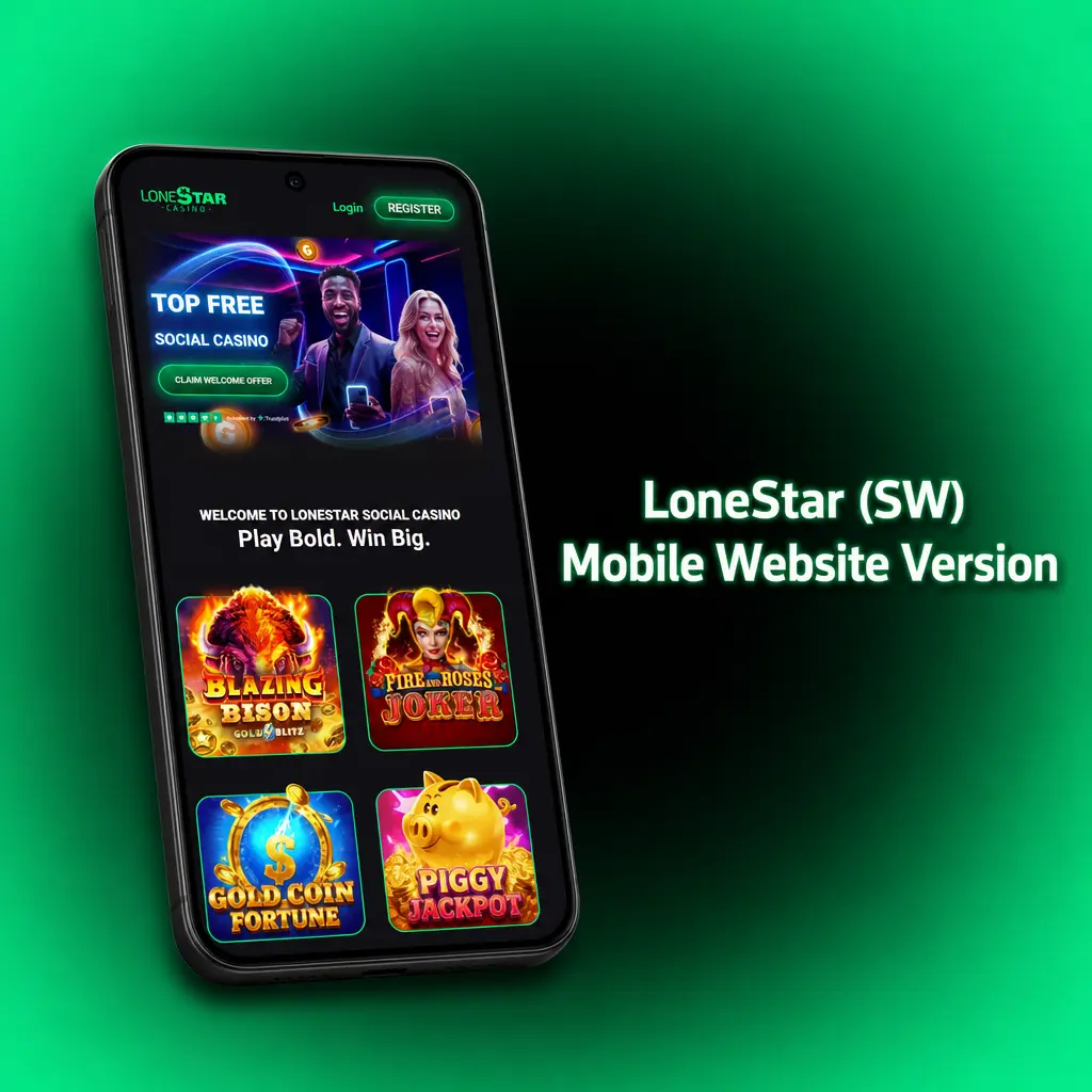 LoneStar mobile website on smartphone showing casino games, pick'em contests, and Gold Coin packages in browser