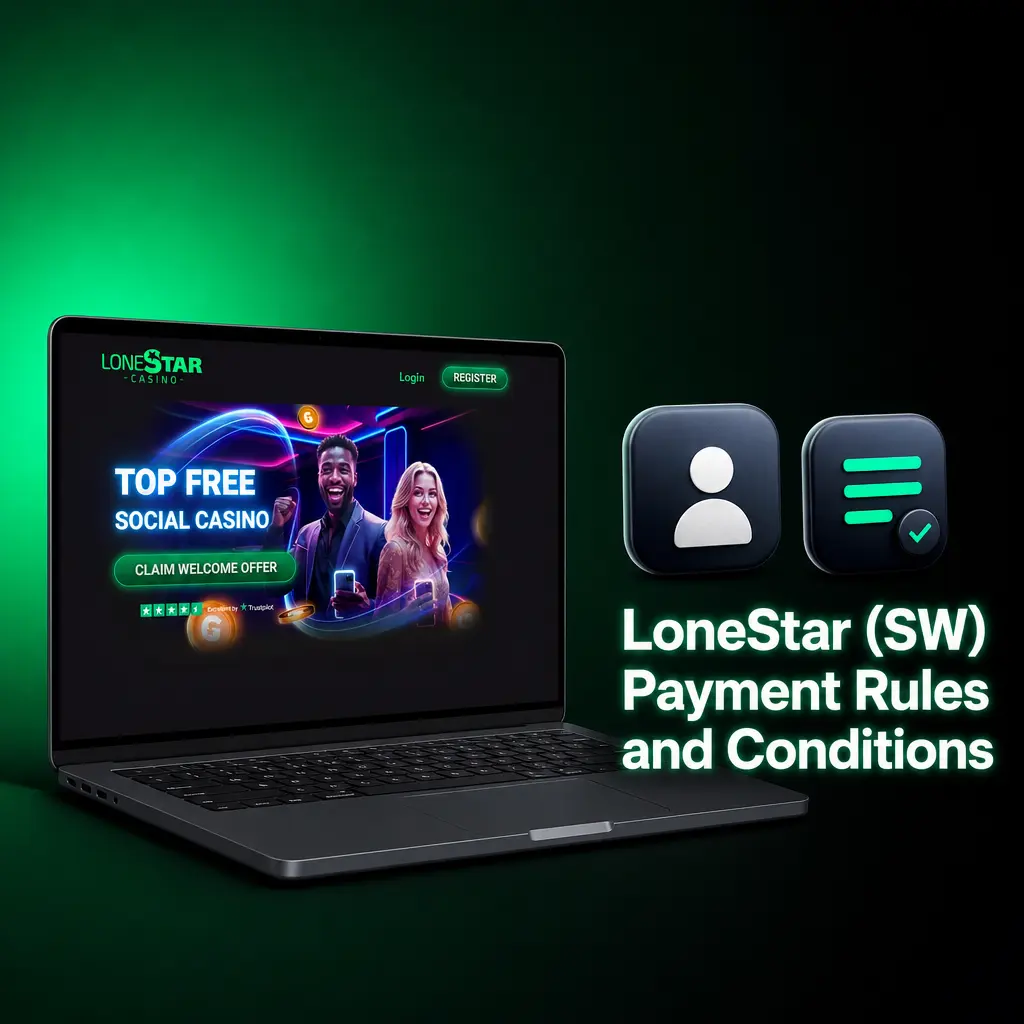 LoneStar (SW) payment rules: one account per household, ID verification, matching payout method, 50 SC minimum, $5,000 daily redemption cap.