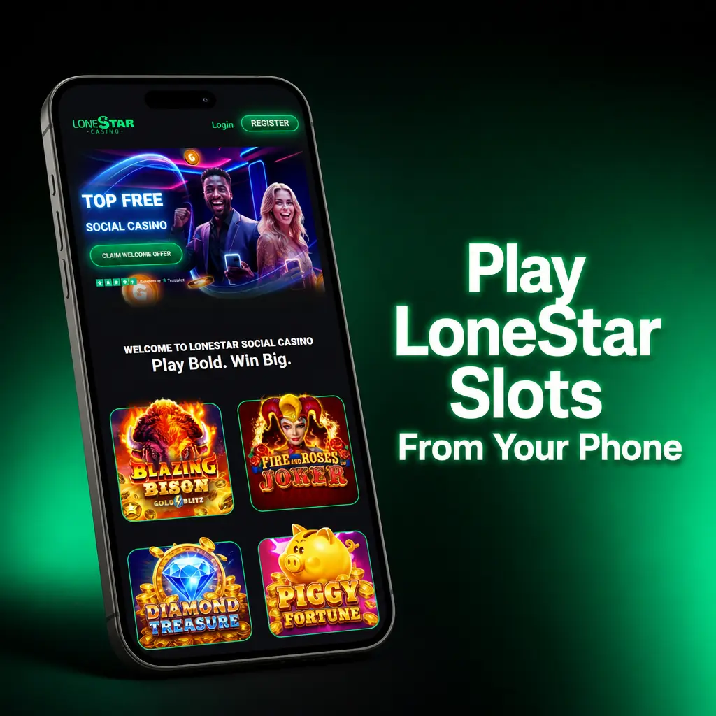 LoneStar app slots lobby on a phone, showing fast-loading games, filters, and instant balance updates.