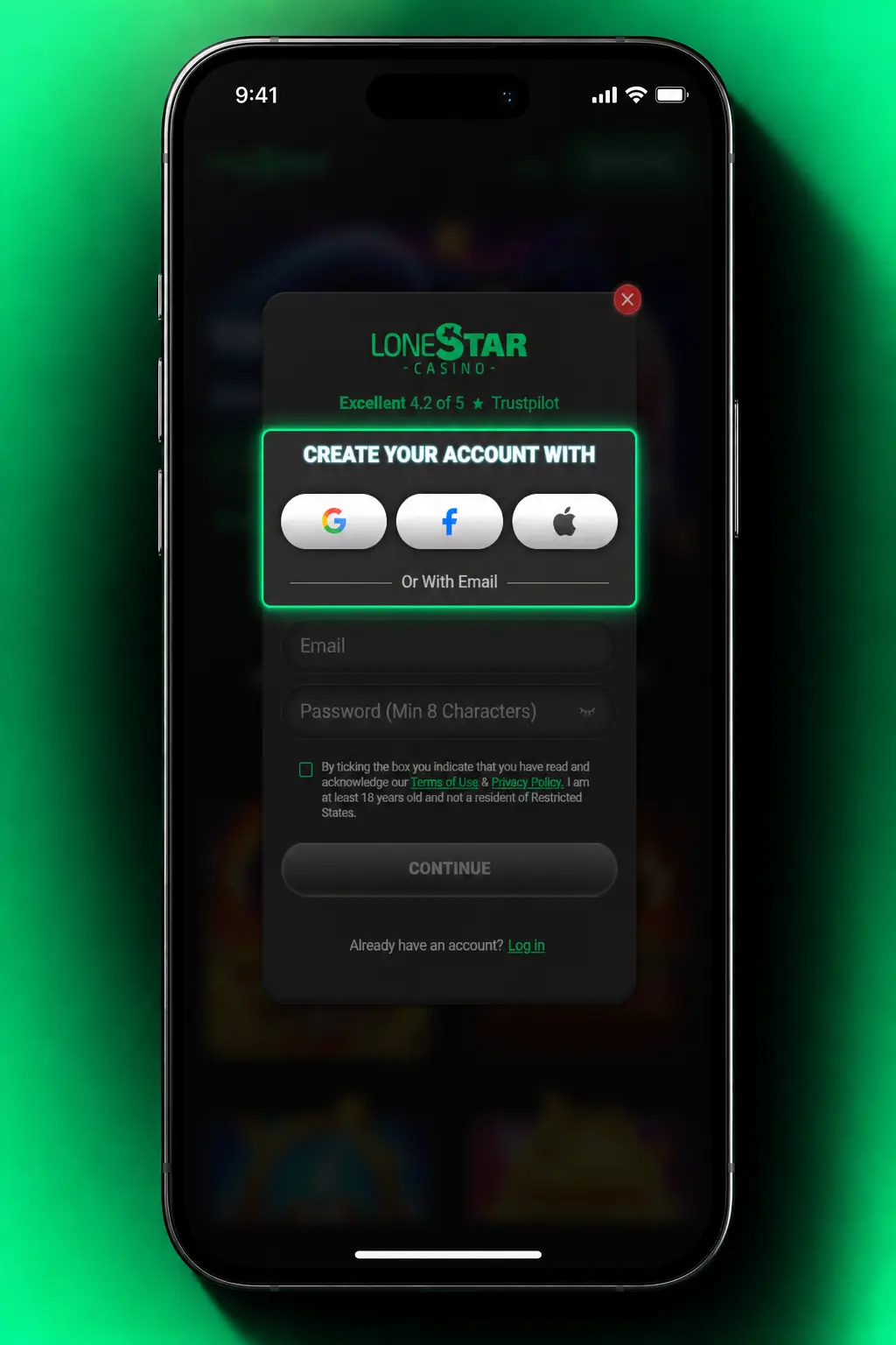 Step-by-step LoneStar (SW) sign up form showing registration fields to claim the welcome bonus.