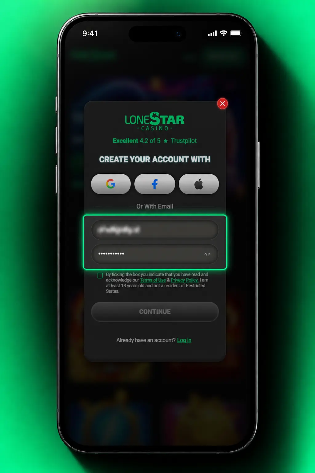 LoneStar (SW) sign up form showing 5-step registration process to claim welcome bonus of Gold Coins and Sweeps Coins