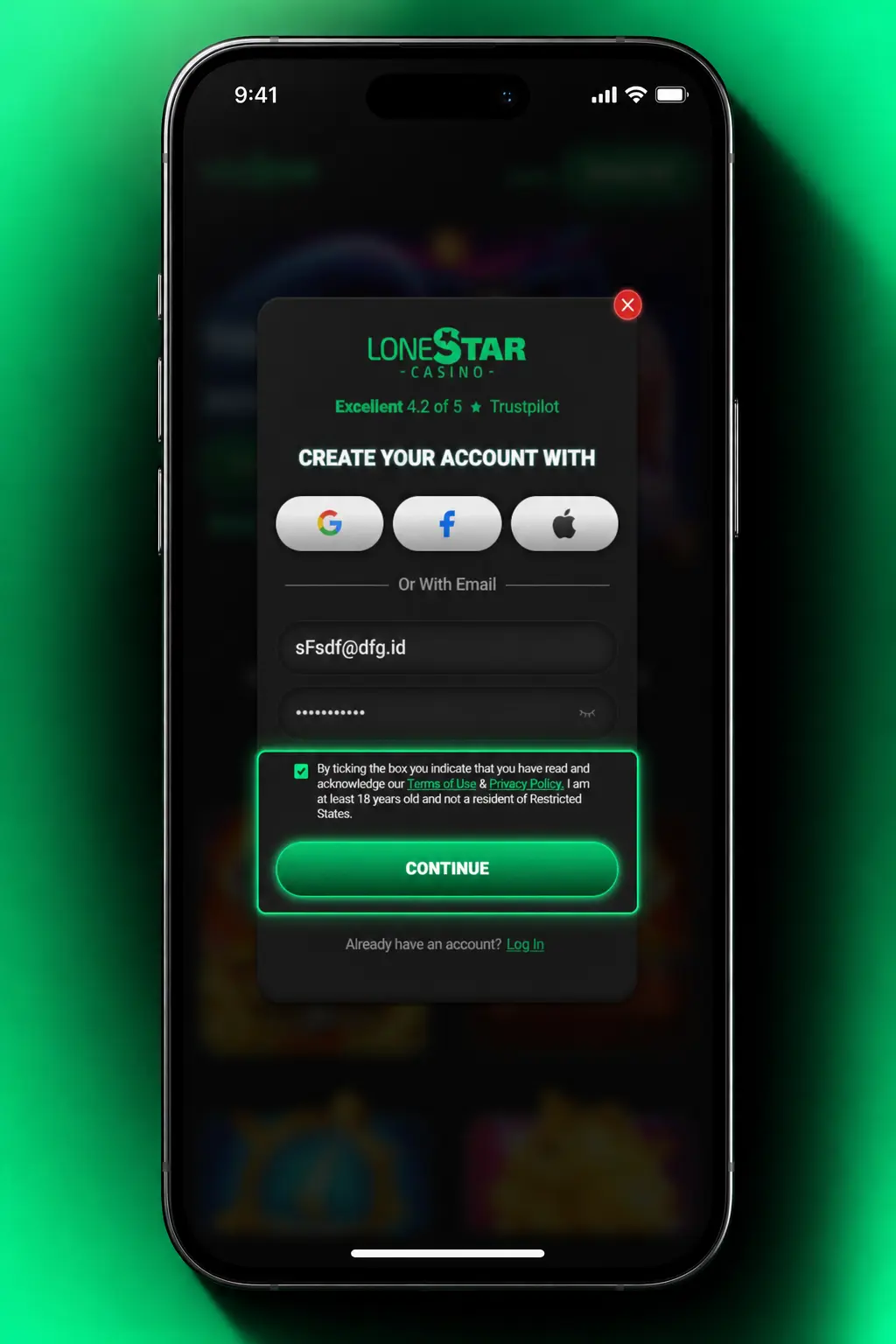 Step-by-step LoneStar (SW) sign up form showing registration fields to claim the welcome bonus