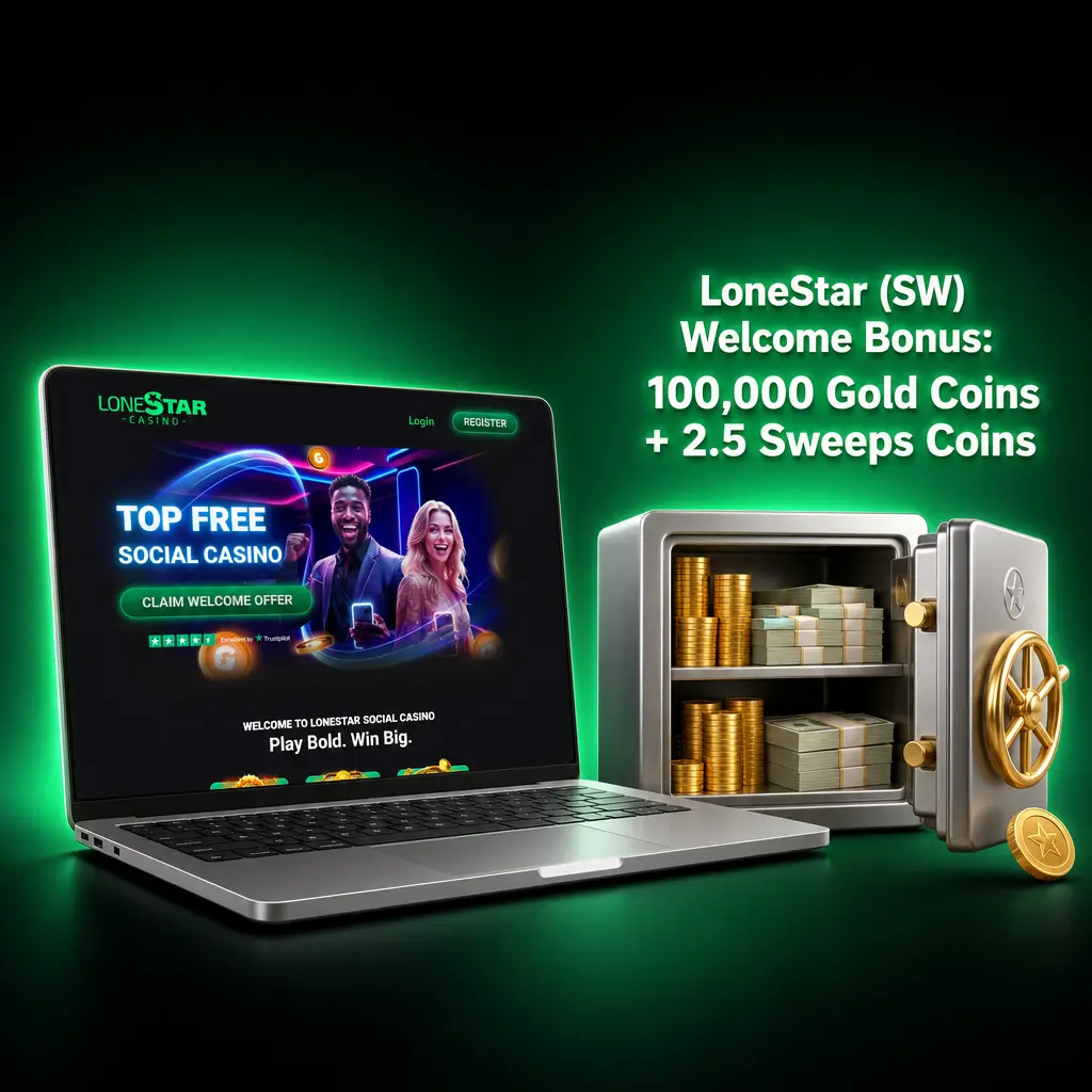 LoneStar Social Casino welcome bonus: 100,000 Gold Coins plus 2.5 free Sweeps Coins for new players