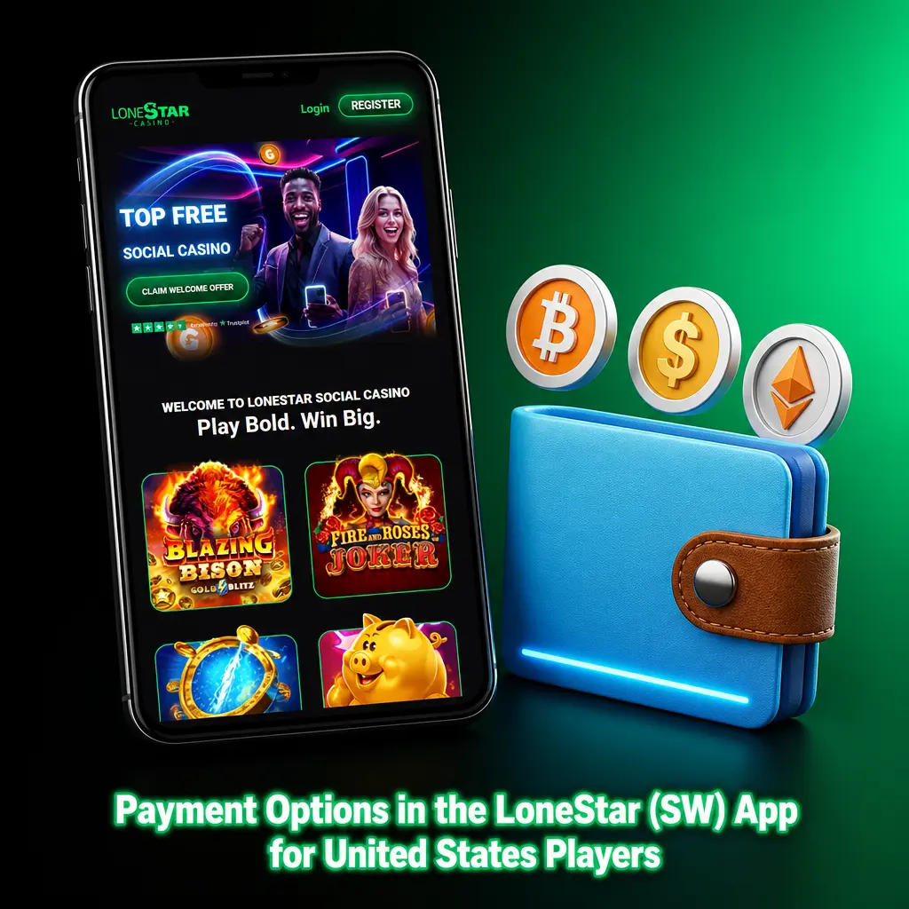 Payment options in the LoneStar SW app: credit/debit cards, Skrill, Apple Pay, and ACH bank transfer for US players