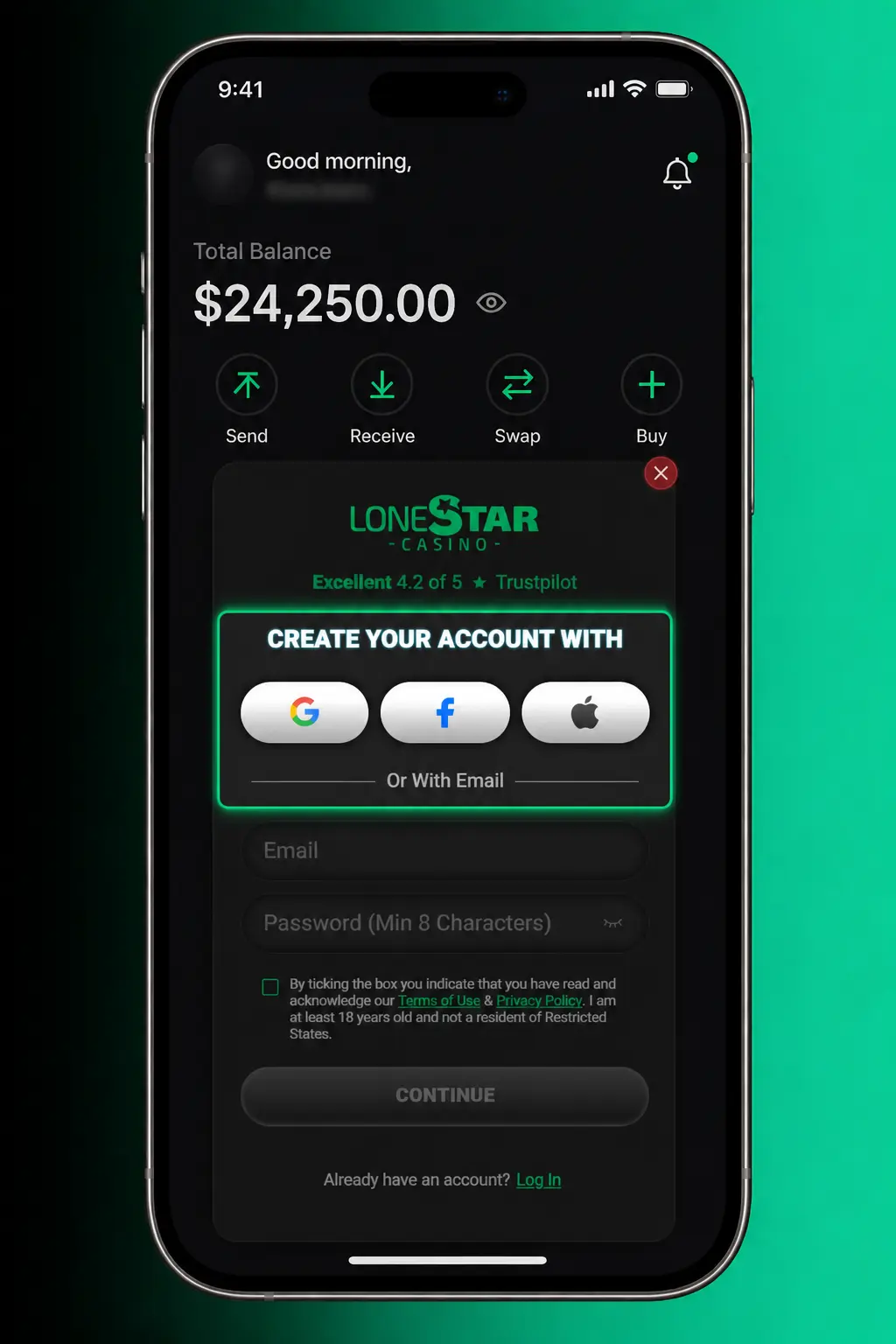 Screenshot of LoneStar (SW) app registration screen for quick sign-up and account setup