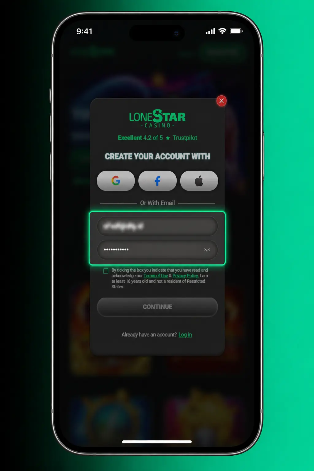 Registration screen for LoneStar (SW) app showing quick sign-up steps for new players