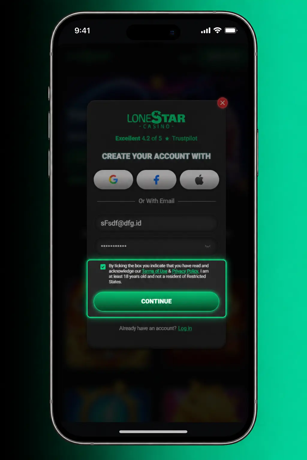 LoneStar (SW) app registration screen showing sign-up steps for new players to claim Gold Coins and Sweeps Coins