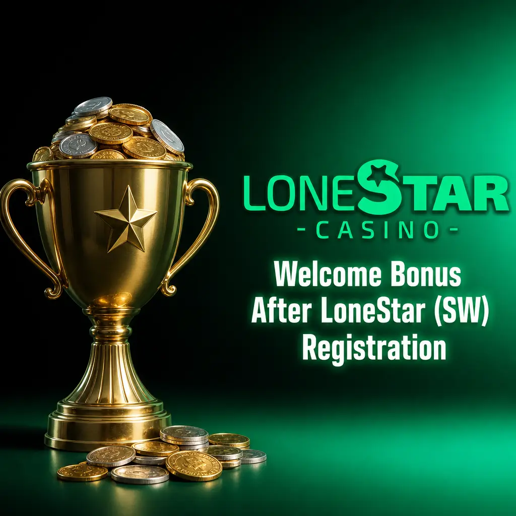 LoneStar (SW) welcome bonus: 100,000 Gold Coins plus 2.5 Sweeps Coins free after registration, no deposit needed.